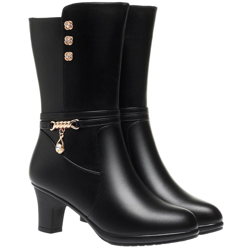 6cm Fashion Comfortable Mid Calf Soft Leather Boots Women Shoes Winter 2025 Med Block Heels Boots Warm Fur Plush Botas for Mom