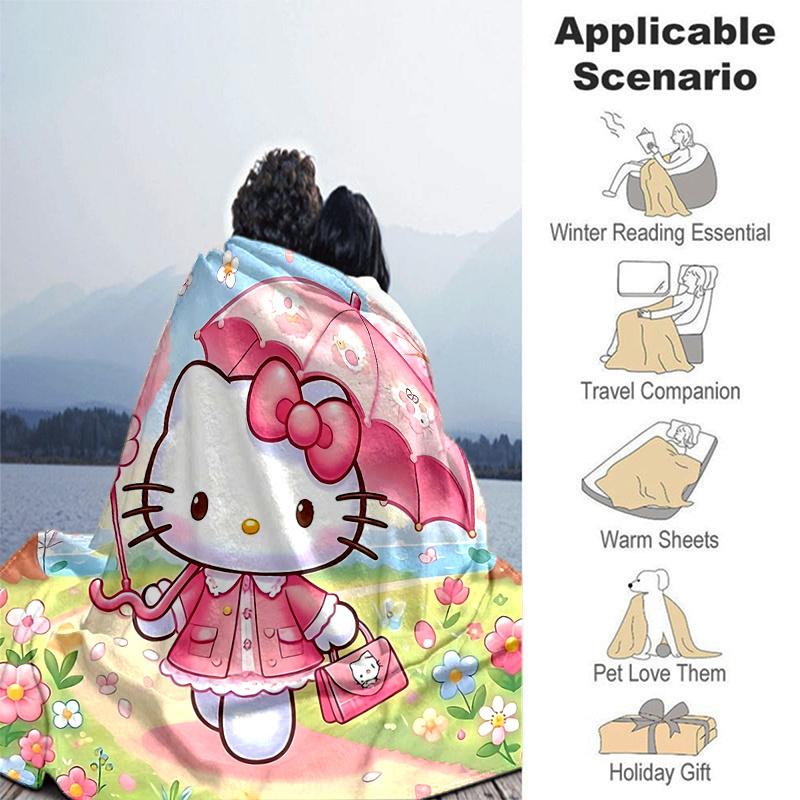 1pc Hello Kitty In a Pink Garden Blanket, Seasonal Universal Home Decorative Throw Blanket, Living Room, Travel, Camping, Car Blankets, Beach, Office