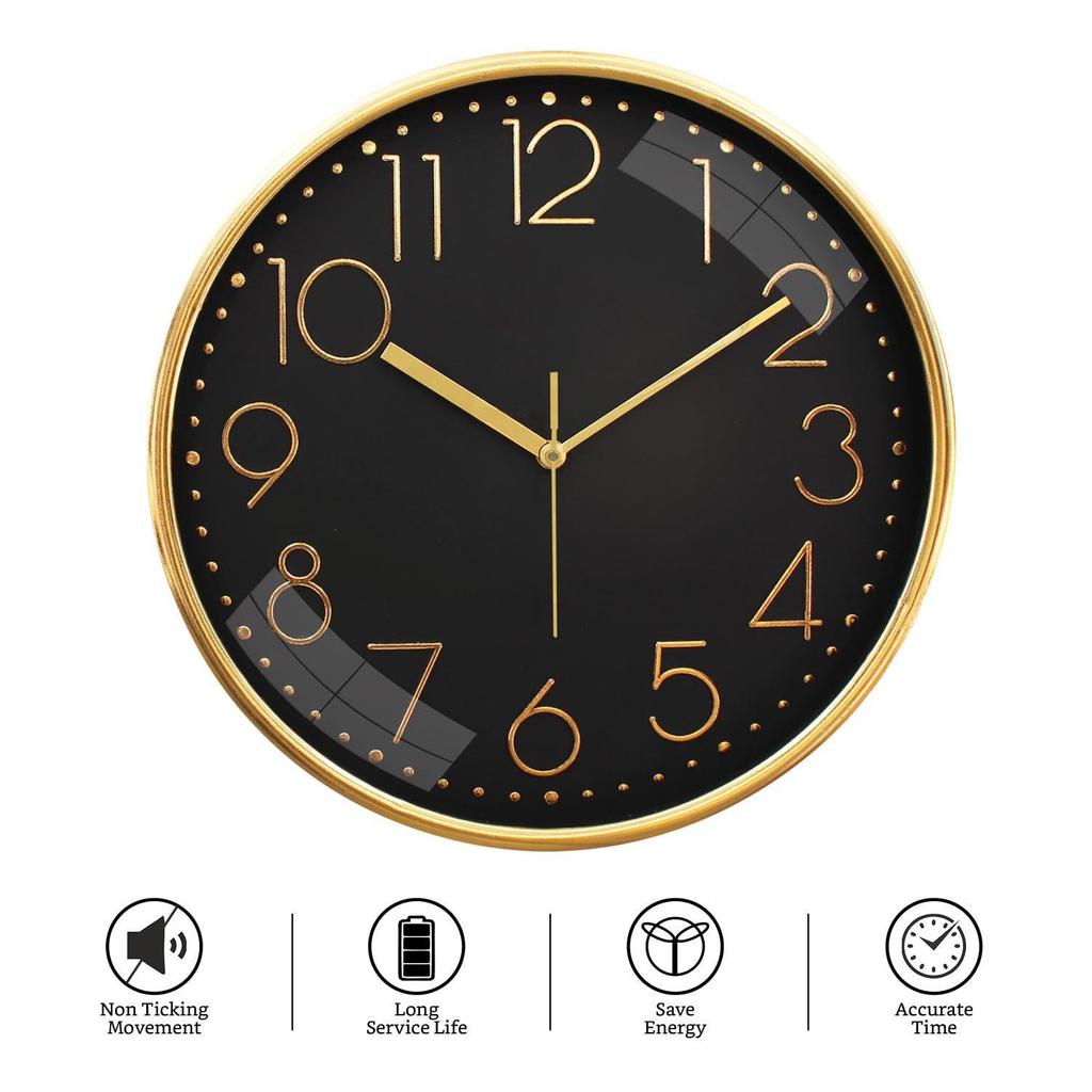 12-inch Plastic & Glass Wall Clock - Pie (Silent Movement), Black.