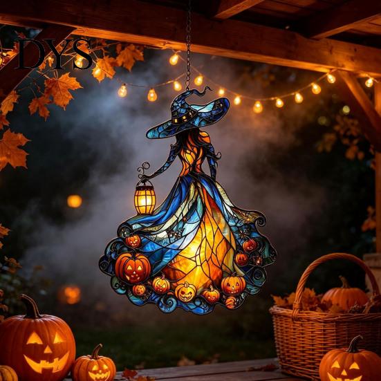 Whimsical Halloween Home Decorations Witch Acrylic Suncatcher, Stained Glass Effect Window Car Hanging Ornament, Gothic Scary Party Supplies for with