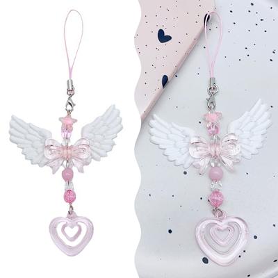 Jolies Ailes Nœud Cœur Dragonne Mobile Pendentif Téléphone Chaîne Pour Filles Femmes Mode Doux Porte-clés Sacs Accessoires Décoratifs Cadeaux