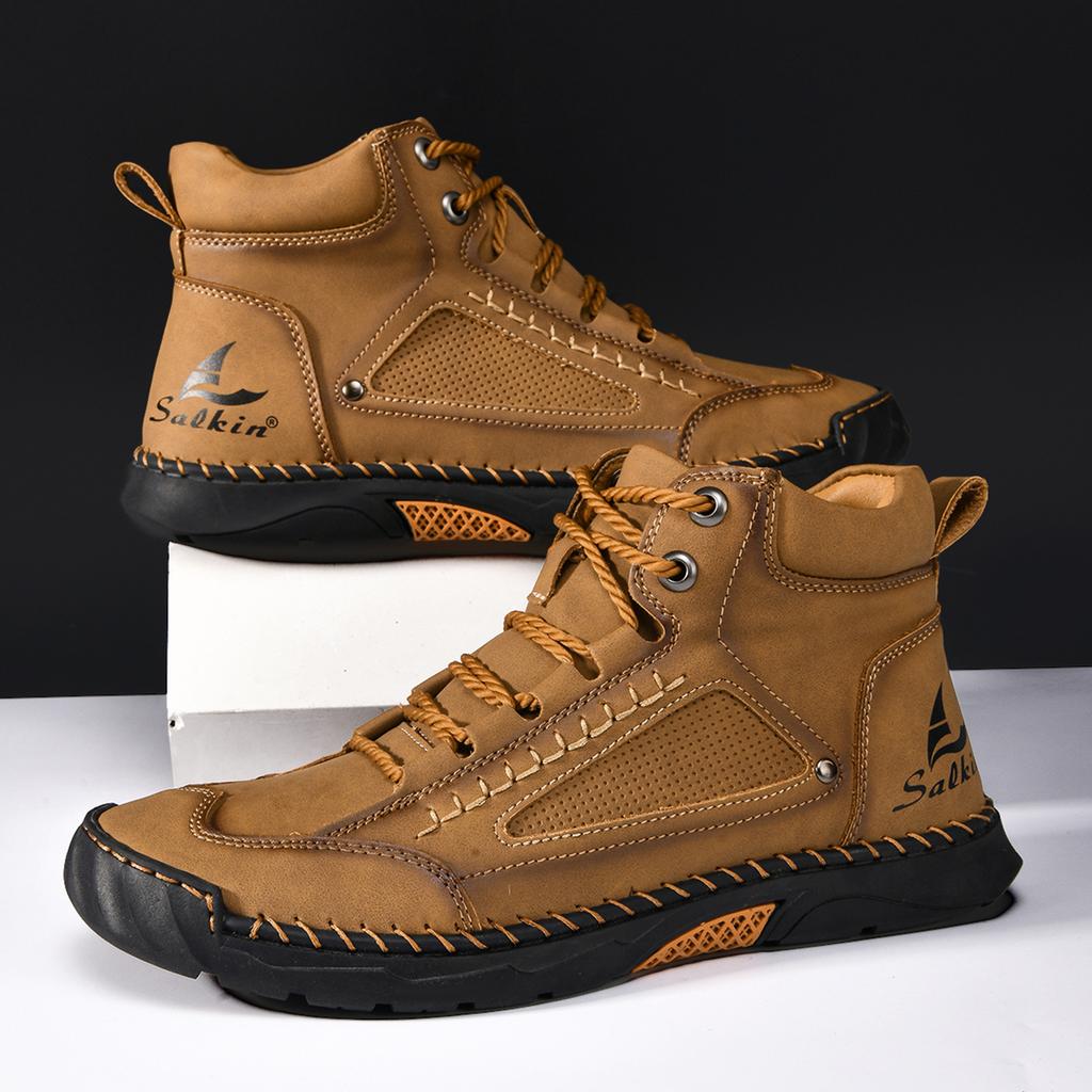 Hand-stitching Casual Leather Shoes Men Boots Outdoor Autumn Retro Breathable Casual Shoes Lace Up Blue Ankle Boots Winter