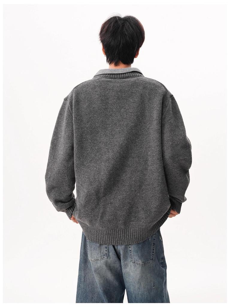 Vintage Style V-Neck Faux Two-Piece Men's Winter Sweater - Trendy Loose Knit Polo