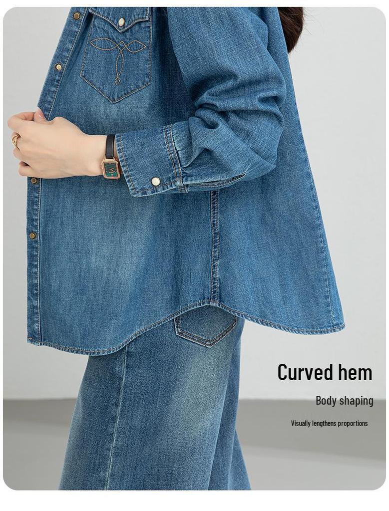 Yi Fei Women's Loose Casual Denim Shirt, Slimming Versatile Long Sleeve Retro Jacket - 2026 Spring Collection