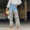 European and American Style Loose Hollow Splicing Irregular Lace Straight Leg Jeans for Women