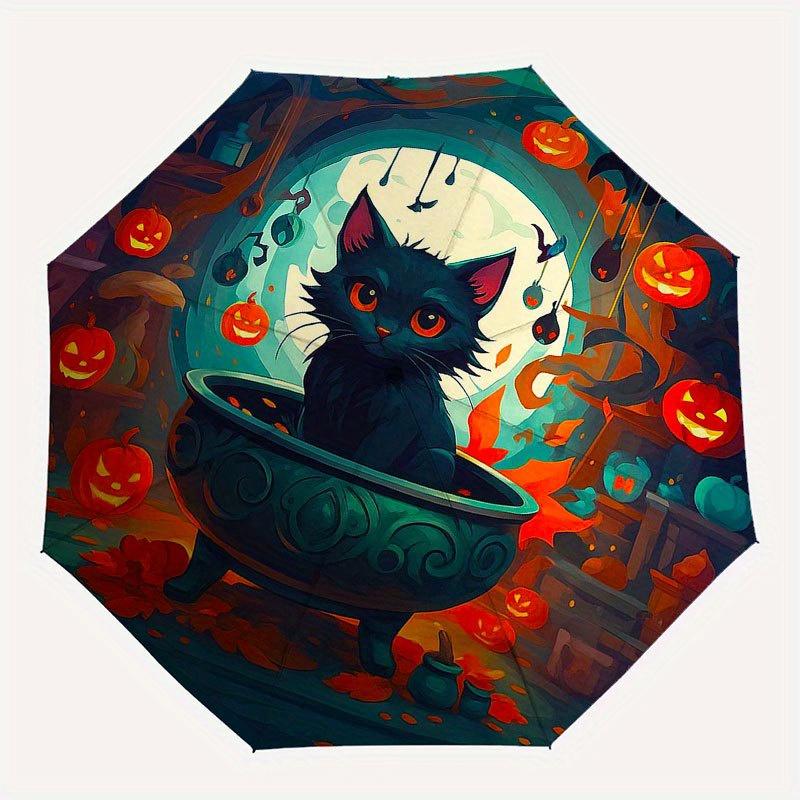Halloween Black Cat Cauldron Wall Clock Umbrella, Portable 3-Fold Compact Umbrella for Men & Women R146