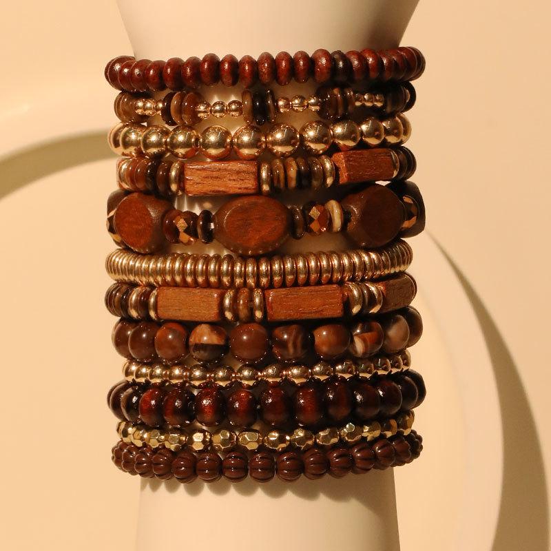 Ensemble de 12 Bracelets Empilables Rétro Marron et Doré à Motifs Bois Multi-Anneaux - Accessoires de Mode Mori-kei