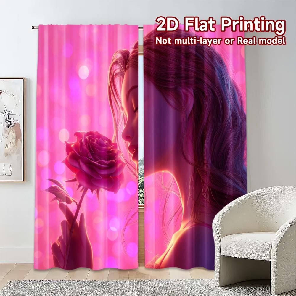 2pcs, 2D FLAT PRINTING Curtains (Without Rod) Blooming Glow Chic Curtains Digital Printed Versatile Polyester Fabric Curtains