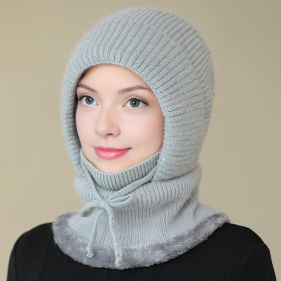 Gestrickte Wollmütze mit Schnürung zur Anpassung, Samtfutter, Gesichts- und Nackenschutz, Reitkopfbedeckung, Winterwärmemütze
