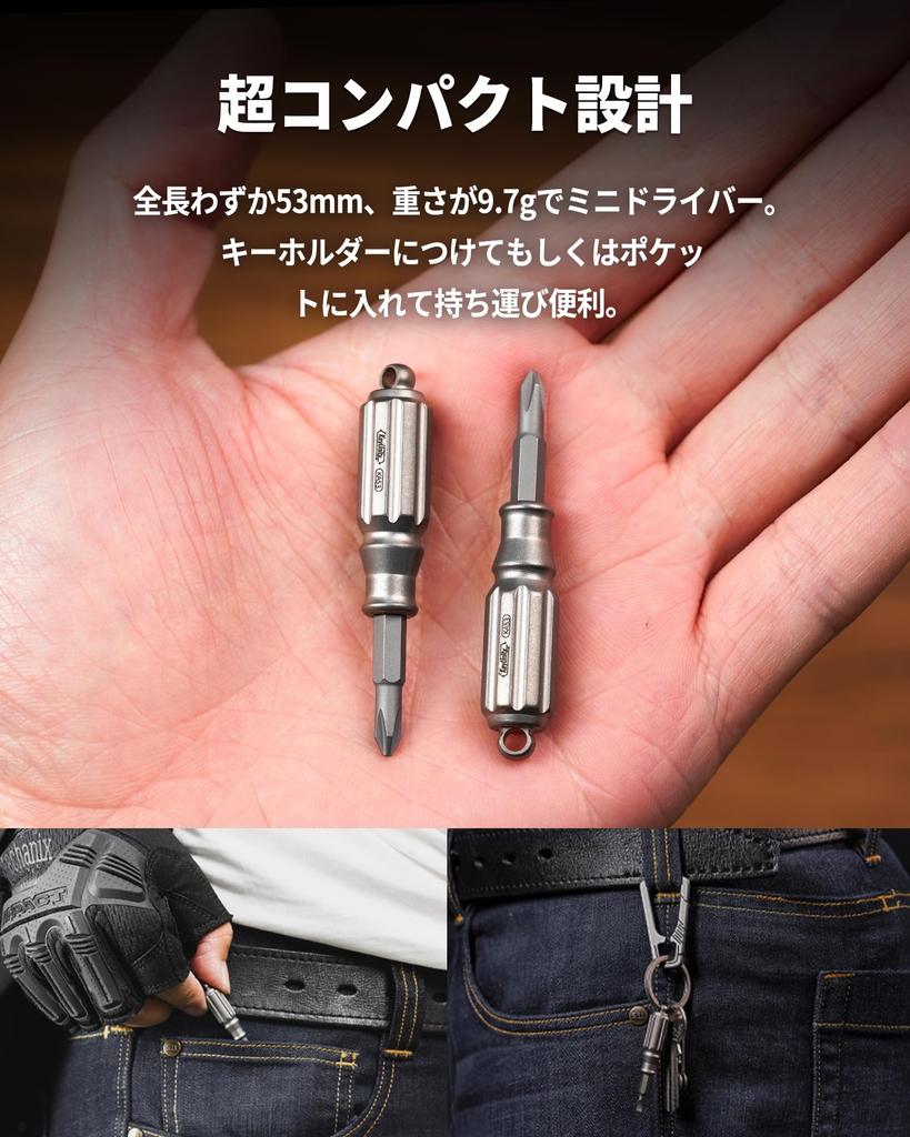 KeyUnity KA53 Mini Interchangeable Screwdriver, Titanium, Includes 2 Flathead and Phillips Bits, Magnetic, Portable, Keychain, EDC Tool, Mini Repair T