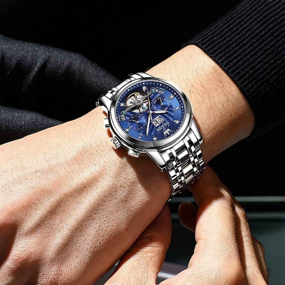 OLEVS Oblíbené pánské modré automatické hodinky Skeleton Cool Stylish Arm Watch Luminous Calendar Date Waterproof Blue