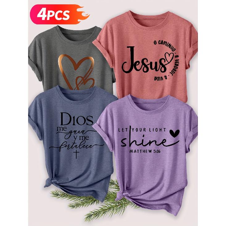 Four-piece set of elegant short-sleeved tops for women Spanish and Portuguese Jesus scripture print fashion retro style women s S