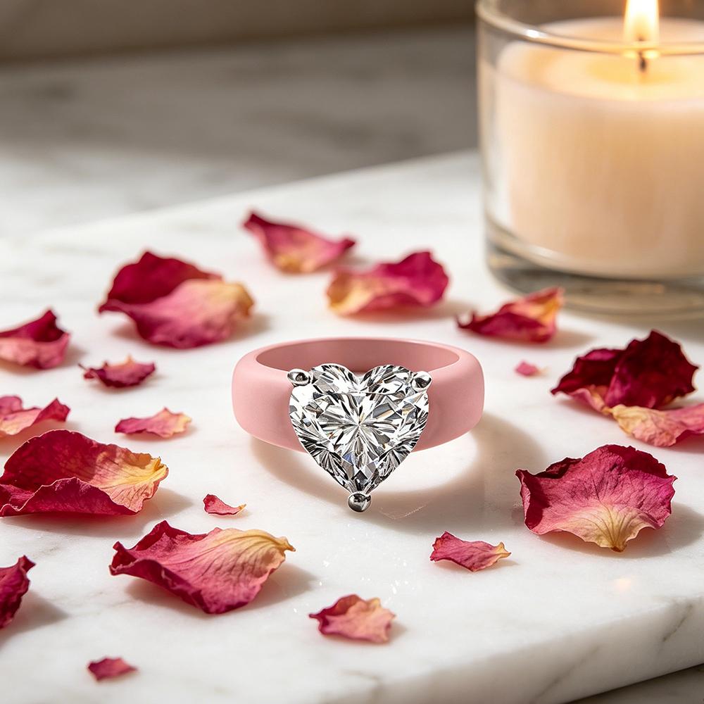 Pink Heart Zircon Ring with Gift Box for Women, Fashion Big Stone Silicone Band Rings, Aesthetic Love Crystal Finger Jewelry, Va
