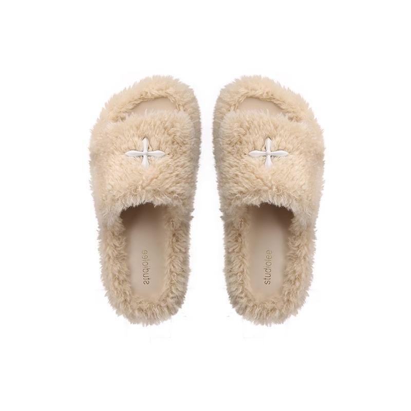 Grape mother studiolae velvet thick bottom flat bottom one word fairy fluffy slippers outer wear female spring and autumn new models
