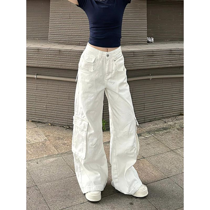 Plus size American High Street White Cargo Jeans Women Summer High Waist Straight Loose Drape Mop Wide Leg Pants