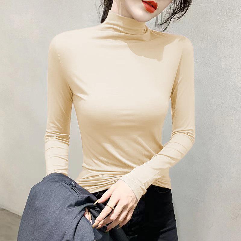 Women's Autumn/Winter Slim Fit T-Shirt: Warm Pure Color Half-Turtleneck Long Sleeve Base Layer