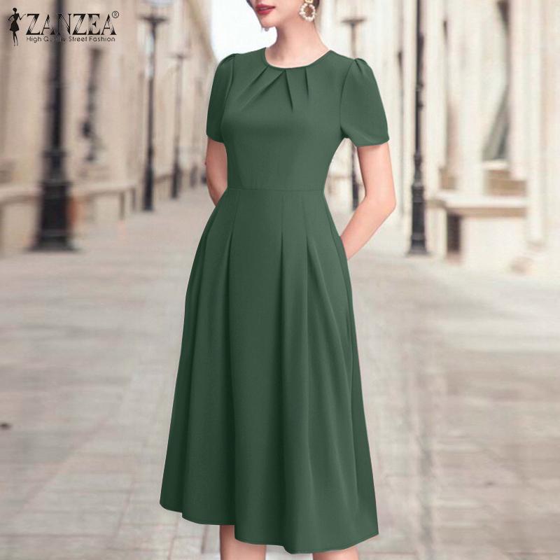 ZANZEA Vestido informal de verano para mujer, con cuello redondo y manga corta