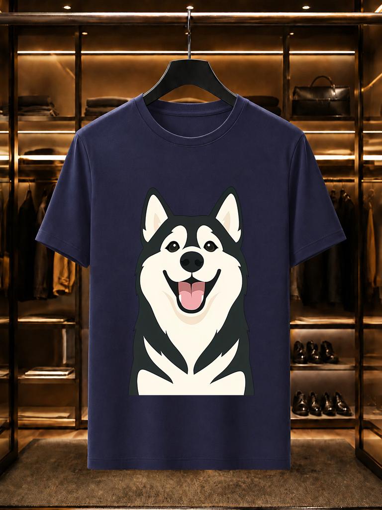 2026 New 100 Cotton Tshirt Happy Smiling Husky Pet Dog Illustration Graphic Tees Fashion Short Sleeve