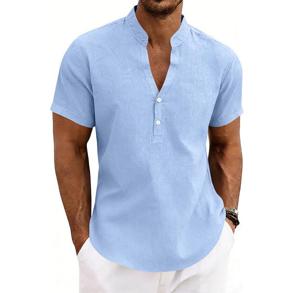 Men's New American Style Summer Henley V-Neck T-Shirt, Loose Breathable Linen Casual Commute Short Sleeve Tee