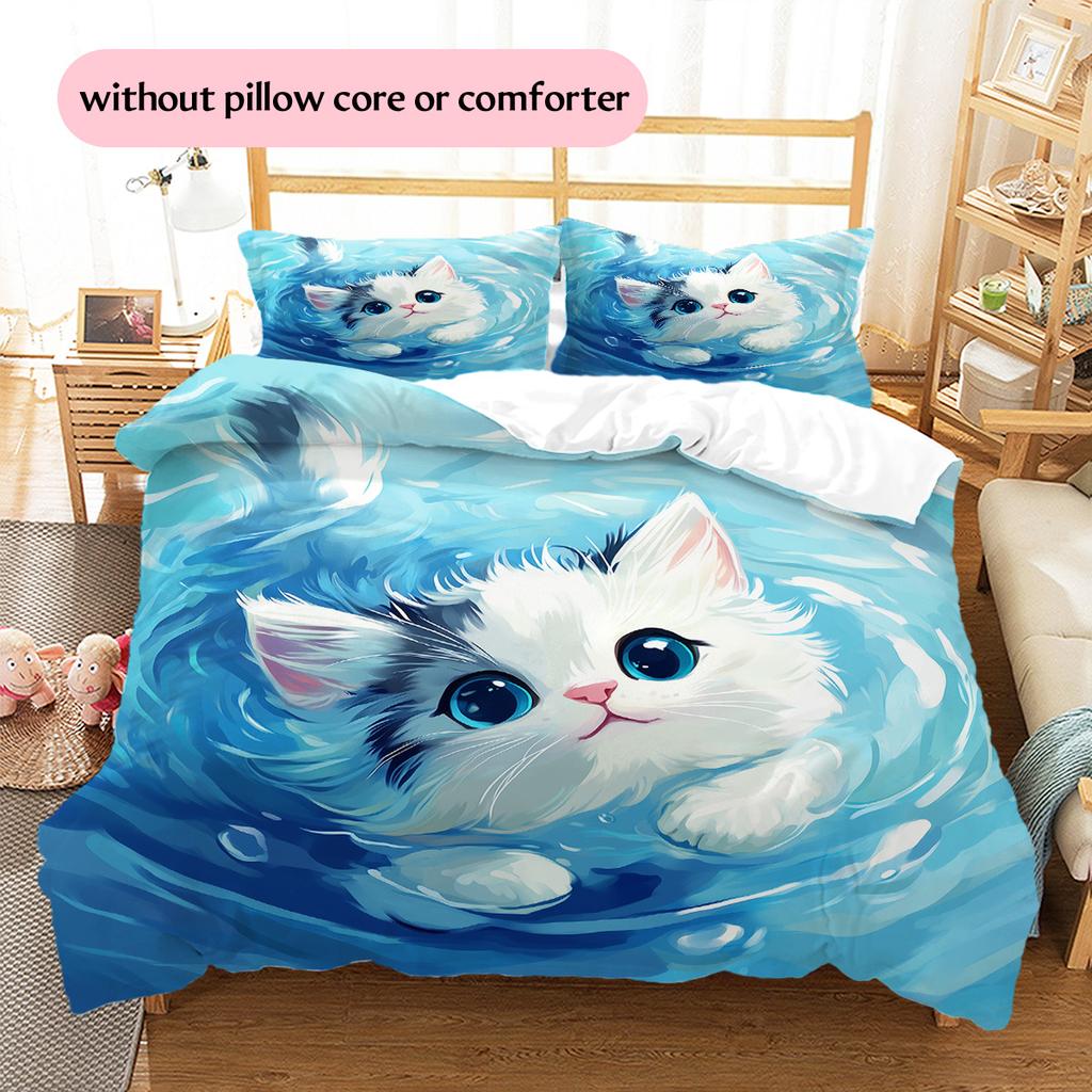 Cat with Water Ripple Pattern Pattern Bedding Quilt Set  Home Decoration  Gift (1 * duvet cover + 2 * pillowcase  without core)