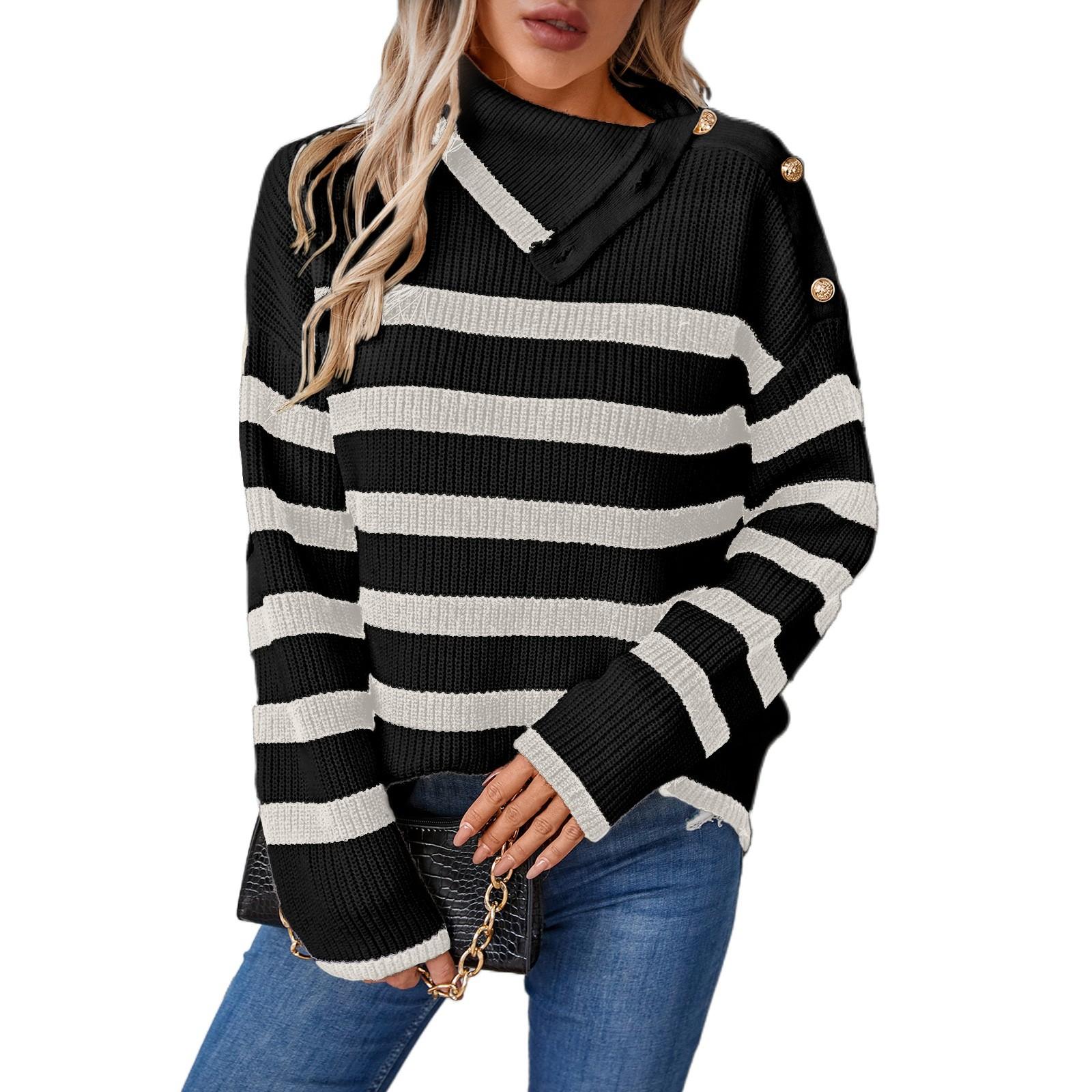 

Женский повседневный полосатый свитер с длинными рукавами и лацканами на пуговицах S чёрный