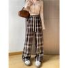 Dámské retro kostkované kalhoty s vysokým pasem a širokými nohavicemi - jaro/léto 2024, korejský styl, se šněrovacími detaily