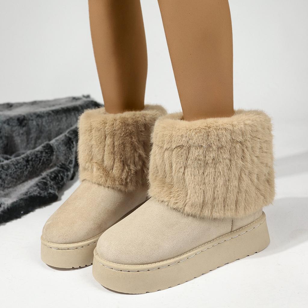 Shoes for Women Winter Slip On Women's Boots Black Round Toe Solid Flock Plush Warm Mid Heel Water Proof Casual Snow Boots Women