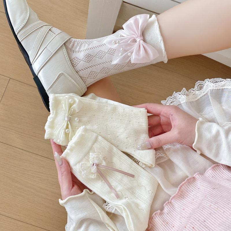 Cream White Hollow Breathable Cotton Ruffle Bow Calf Socks Kawaii Jk Lolita Daily Party Dress Accessory Women Socks