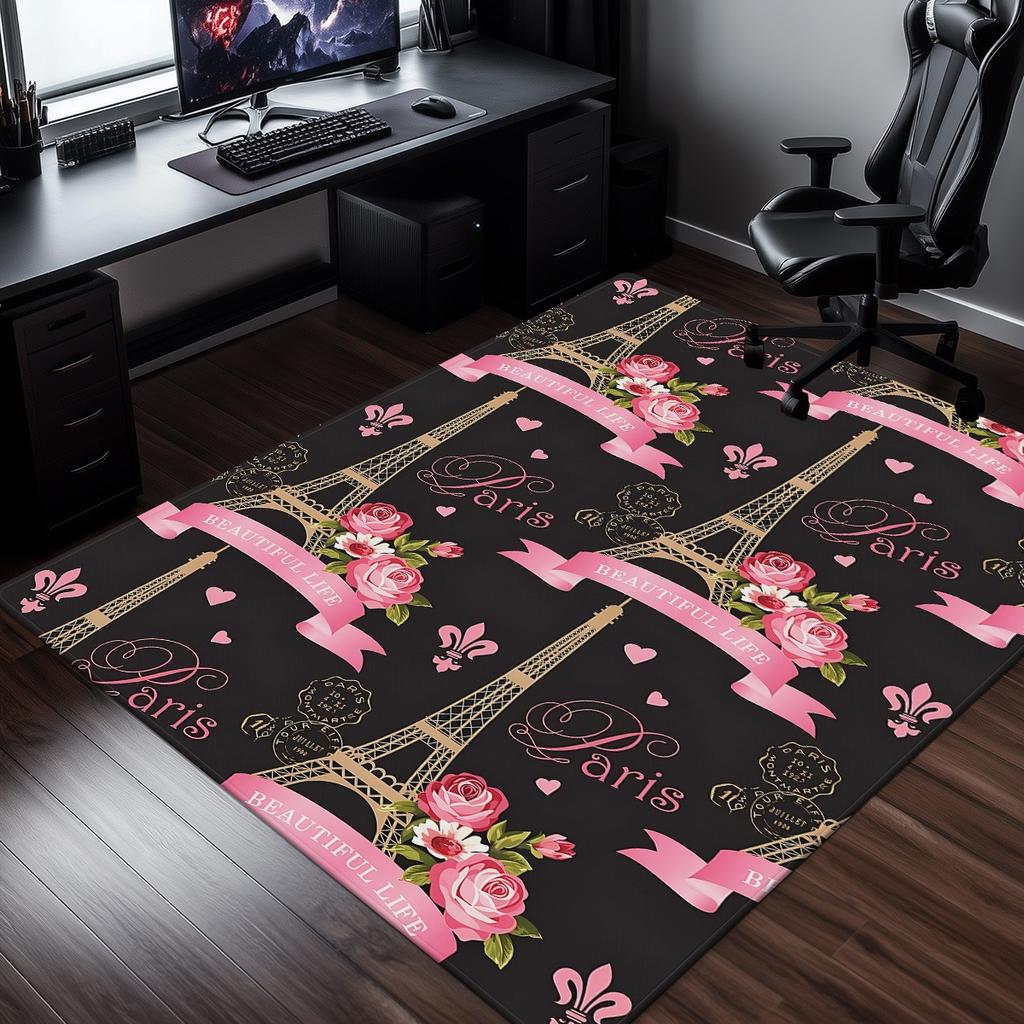 Paris Eiffel Tower Rose Pink Crystal Velvet Rug Romantic French Theme Bedroom Floor Mat Vintage Style Anti Slip Home Carpet