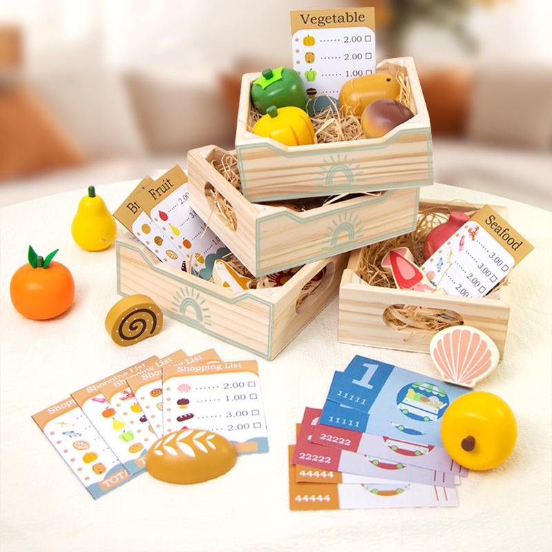Wooden Play Food Sets for Kid Kitchen Simulation Cutting Bread Game Pretend Play Early Educational Cognition Toys for Boys Girls