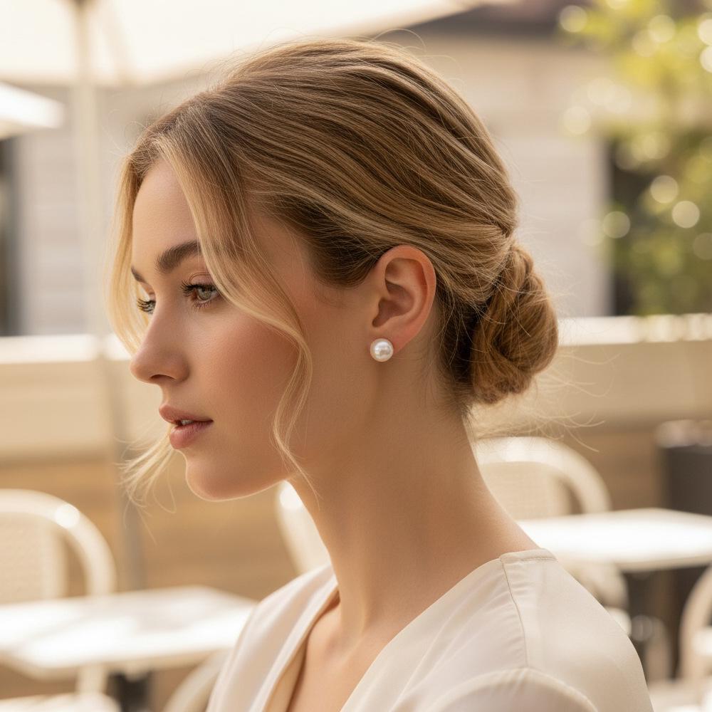 Gold-Plated Bright White Pearl Stud Earrings – Luxurious and Versatile Everyday Accessory