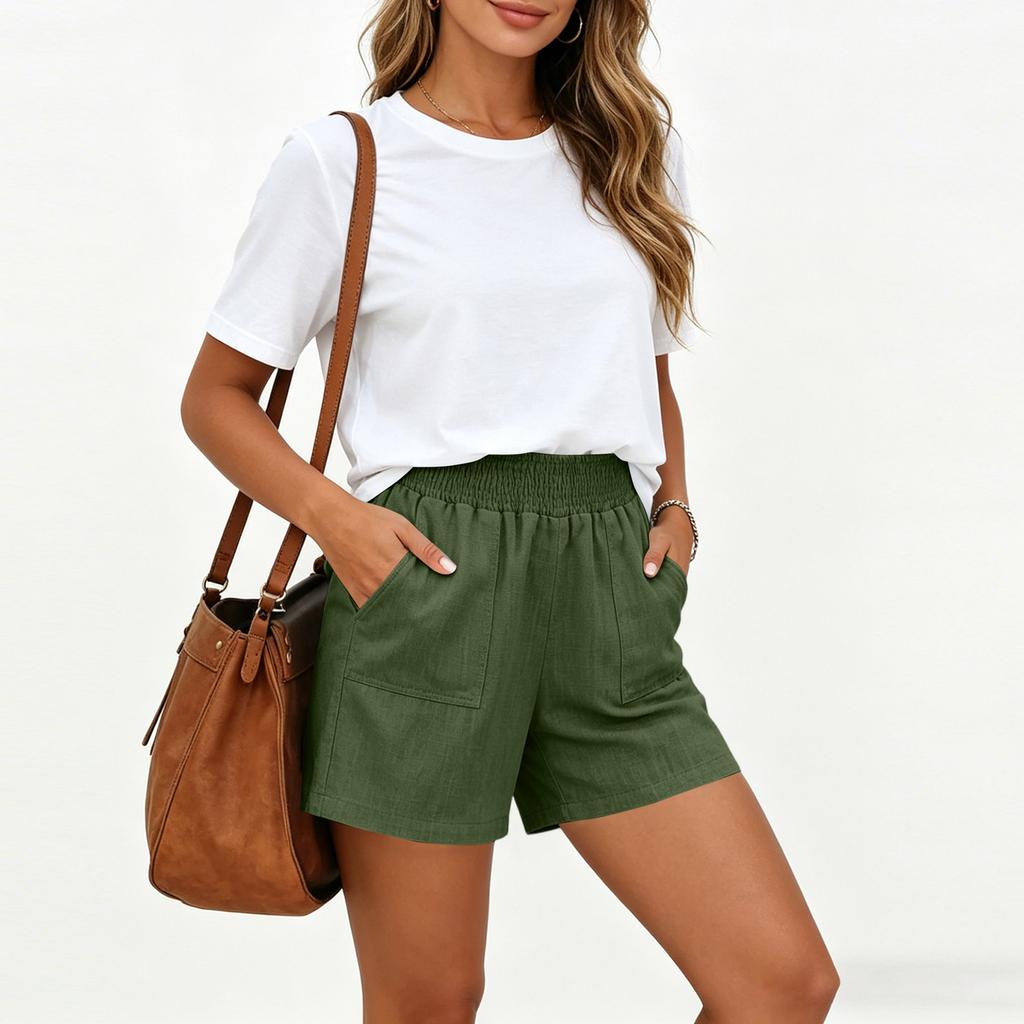 Women High Waist Linen Shorts with Pockets Loose Fit Elastic Waistband Casual Wide Leg Summer Shorts for Daily Wear