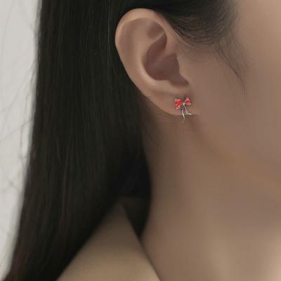 Red Bow Earrings for Women with Sweet Girlish Fashion Luxury High-end Earrings Mini