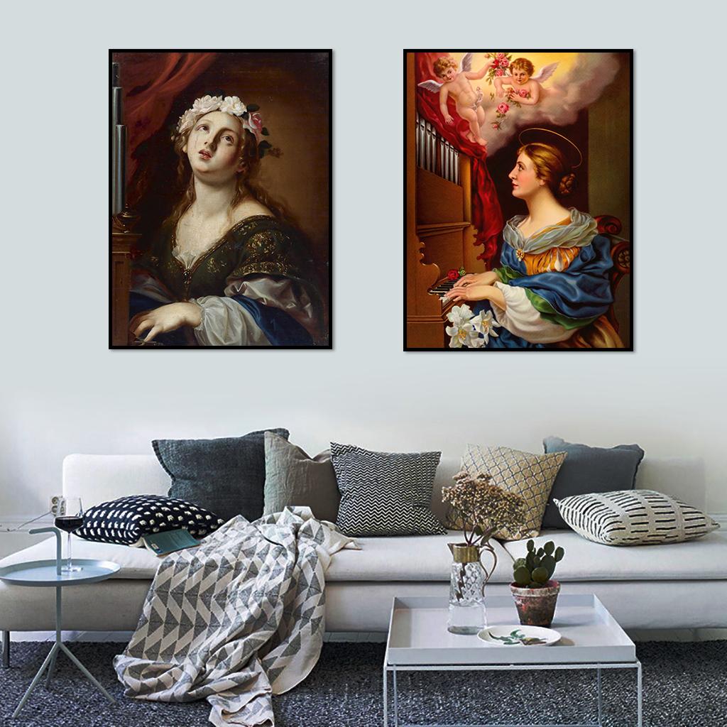 Catholic Patron Saint of Musicians Retro Canvas Painting Posters Print Religious Art Woman Pictures Room Home Wall Decor Cuadros