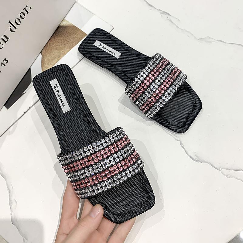 luxury designer shiny crystal slippers women flat heel outdoor slides summer shoes bling sandalias open toe glitter flip flops