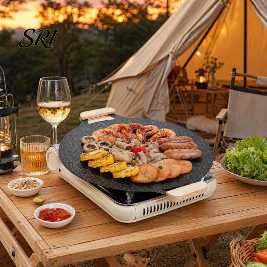 Family Size Outdoor Cooking Pan Electric Smokeless Grill, Nonstick Griddle, Korean BBQ Meat Roaster Cassette Stove Compatible with Handle, Round
