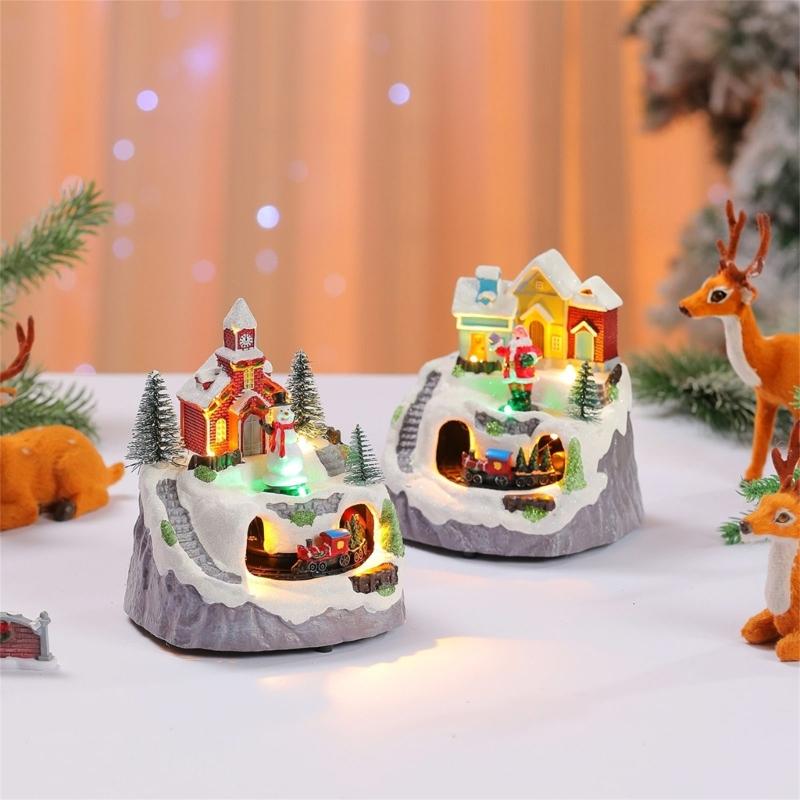 LED Light Christmas Village Scene with Santa/Tree Musical Lighted Christmas Collection Figurines for Home Decors
