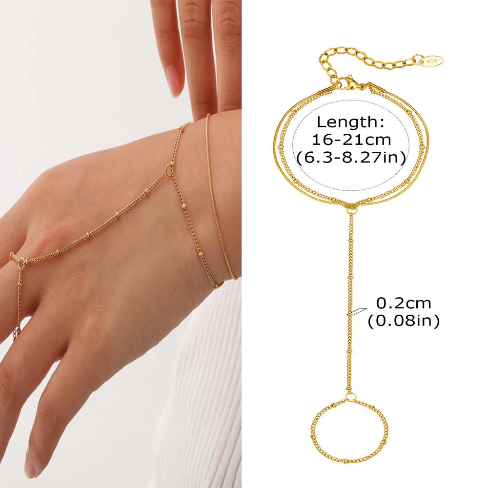 Luxury Minimalist Gold Plated Thin Chain Finger Ring Hand Chain Bracelets for Women, Party Elegant Stainless Steel Jewelry