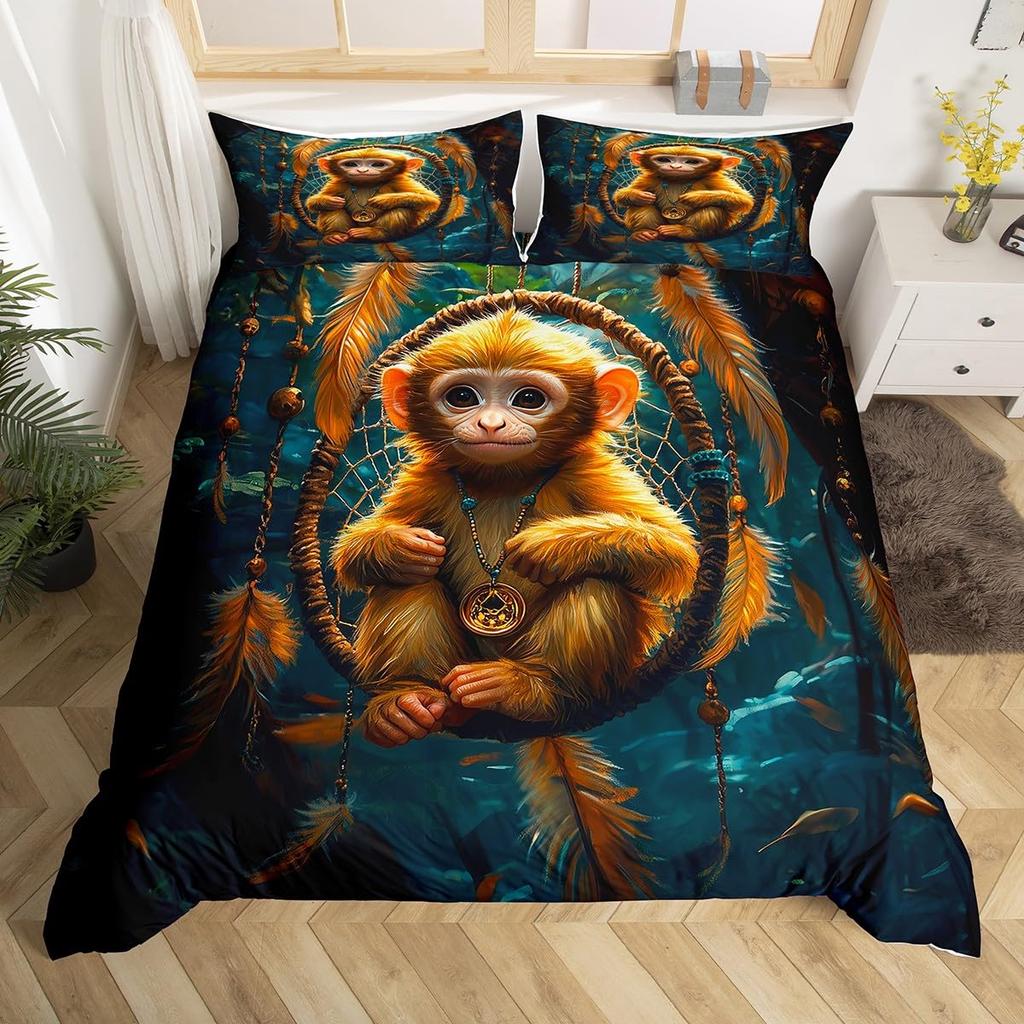 Monkey Queen Full Twin Comforter Cover, Kawaii Animal Monkey Duvet Cover Branches Leaves Bedding Set For Kids Girls Teens Adult