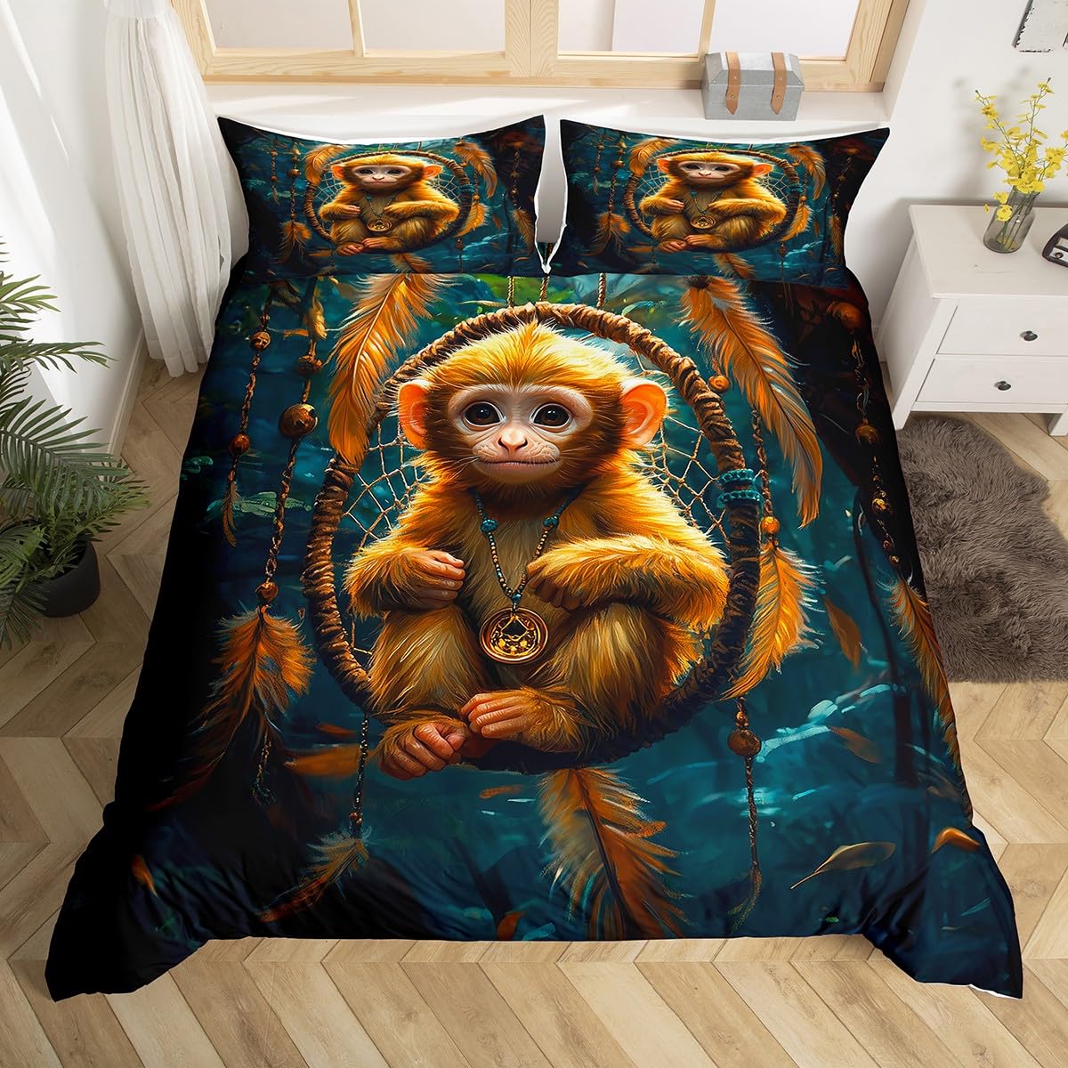 

Monkey Queen Full Twin Comforter Cover, Kawaii Animal Monkey Duvet Cover Branches Leaves Bedding Set for Kids Girls Teens Adult EU Single(135x200cm)