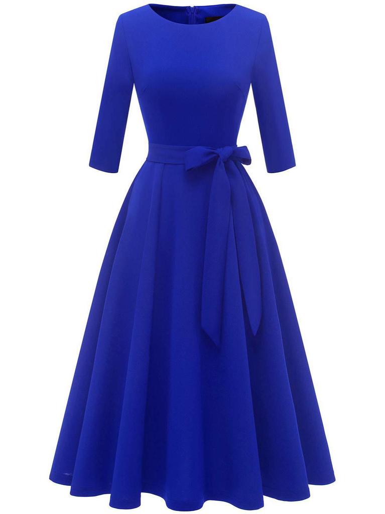 Garden Collar Seven-Sleeve Women's Evening Gown with Wide Hem Skirt - Solid Color Vacation Dress