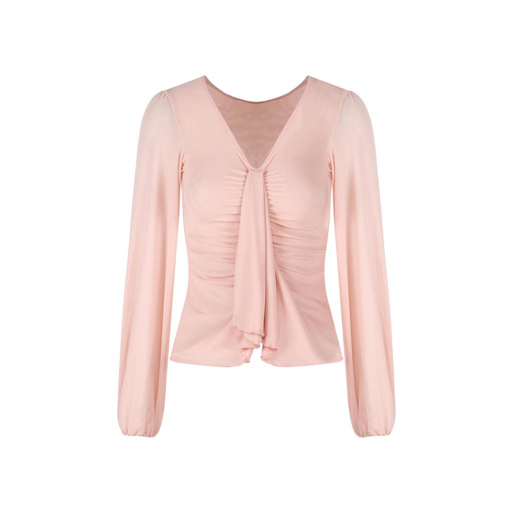 Women's Slim Fit Pink V-Neck Long-Sleeve T-Shirt, 2026 Spring, Cinched Waist, Stretchy Base Layer