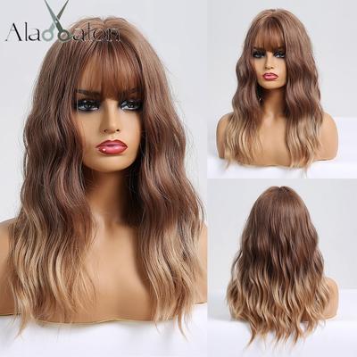 Lange Golvende Ombre Bruin Blond Pruiken met Pony Hoge Temperatuur Vezel Synthetische Pruiken voor Zwarte Vrouwen Afro Cosplay Pruiken