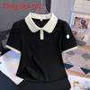 Summer Short Sleeve T Shirt For Women With Doll Collar And Spliced Fabric For Casual Wear