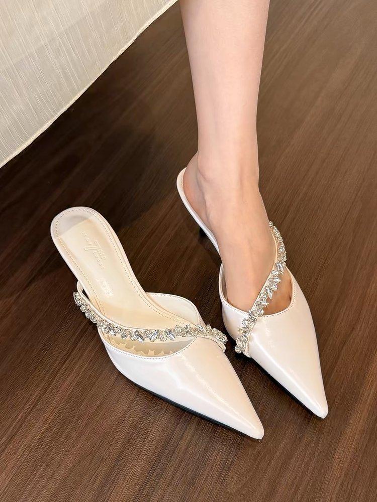 White Pointed Rhinestone High Heels Women's Spring 2025 New Stiletto Half Slippers Rubber Stiletto Bag Head Medium Heel