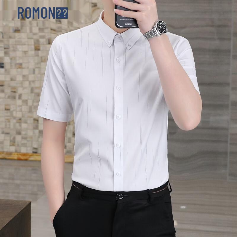 ROMON Men s Stripe Short Sleeve Business Shirt 4XL