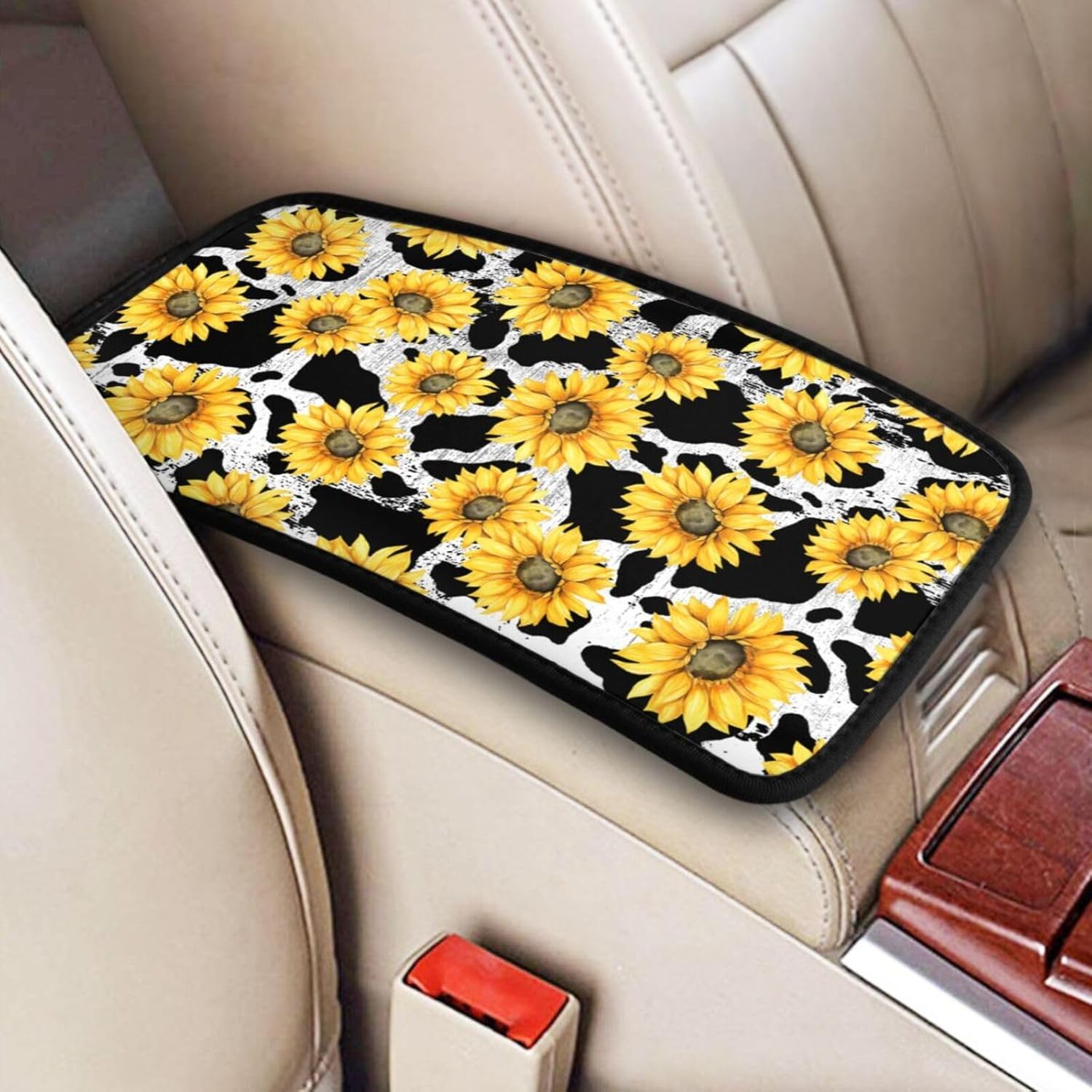 Universal Car Center Console Cushion Pad, Purple Butterfly Soft Waterproof Car Center Console Cover Auto Armrest Seat Box Cover Protector for Most Cow Print Sunflower
