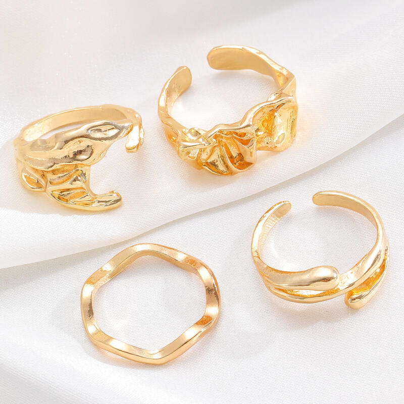 4Pcs/Set Vintage Gold Color Irregular Moon Rings for Women Men Punk Geometric Metal Adjustable Opening Rings Set Jewelry Gifts