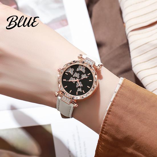 Ladies Watch Butterfly Artificial Leather Strap Quartz Rhinestone Casual Women
