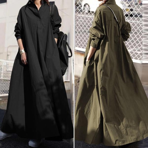 Women Turn-down Collar Long Sleeve Shirt Dress Loose Plain Maxi Blouse Dresses